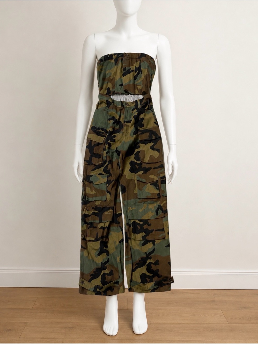 Athina camouflage cargo military strapless jumpsuit size S